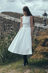 Monika Gathered Waist Cotton Midi Dress - White