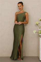 The Aurora One Shoulder Satin Maxi Dress Olive
