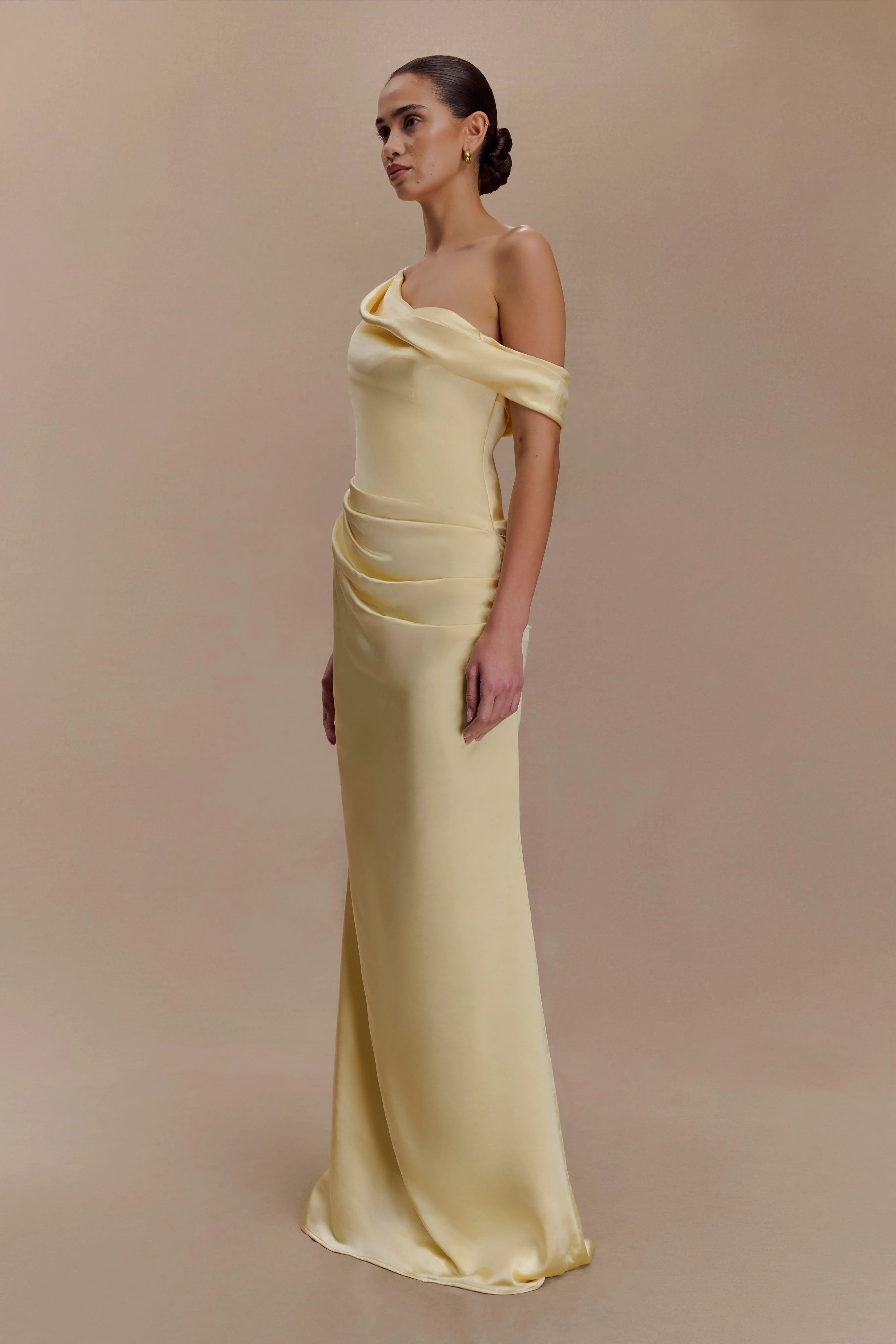 Dalia Off Shoulder Satin Maxi Dress - Lemon