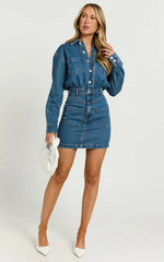 Long Sleeve Button Through Denim Dress in Dark Blue Wash