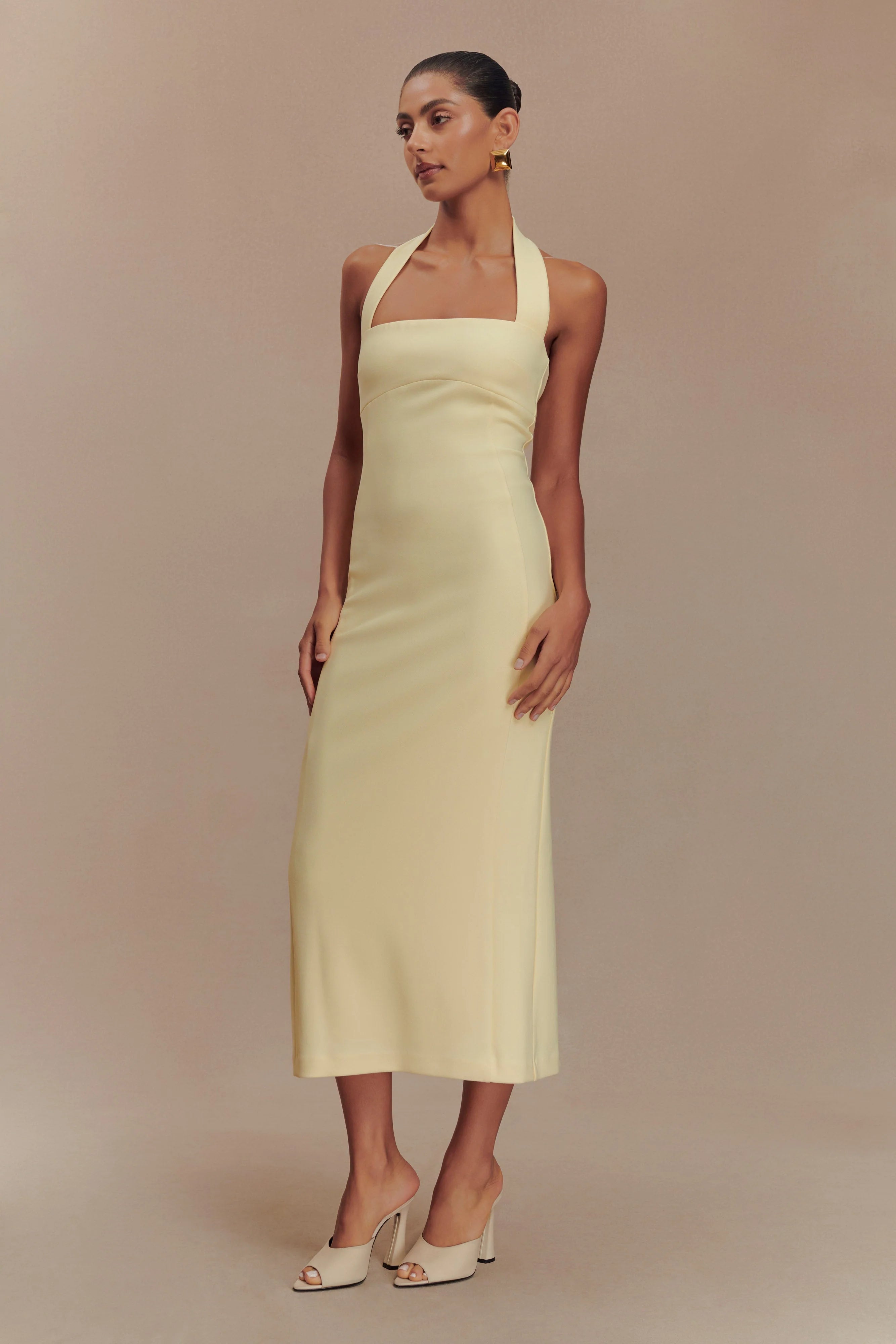 Amelita Suiting Halter Midi Dress - Pale Lemon