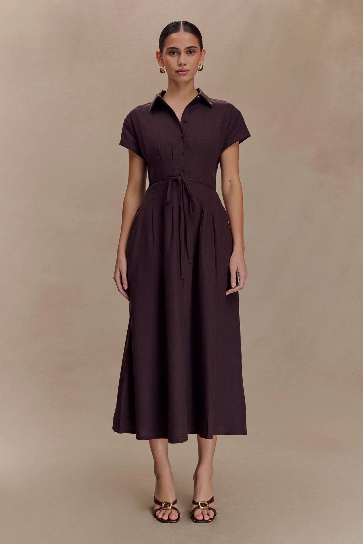 Aysha Buttoned Linen Midi Dress - Chocolate