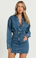 Long Sleeve Button Through Denim Dress in Dark Blue Wash